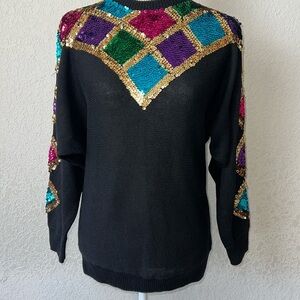 Diana Marco VTG Sequined Batwing Glamorous Disco Festival Ramie Cotton Sweater